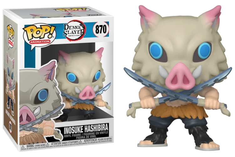 Figurka Funko POP! Inosuke Hashibira z Demon Slayer w masce dzika obok pudełka