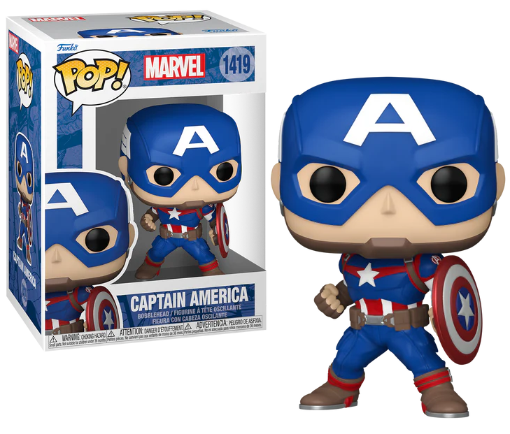Figurka Funko POP! Kapitan Ameryka New Classics nr 1361 obok opakowania
