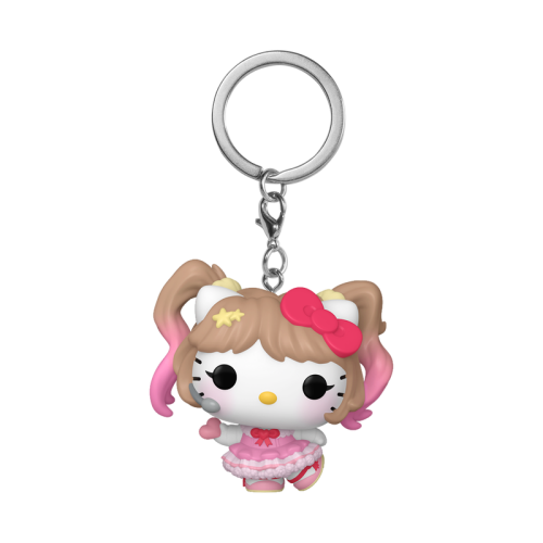 Mini figurka brelok Hello Kitty K-Pop w różowo-czarnym stroju – zbliżenie na detale i kółko.