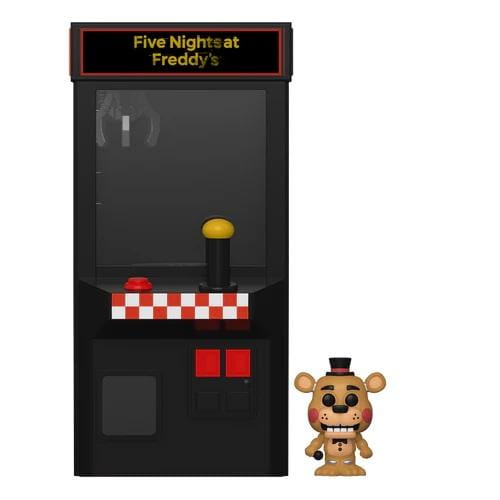 Tył opakowania Funko Bitty Pop! Display FNAF Toy Freddy z grafiką automatu do gier.