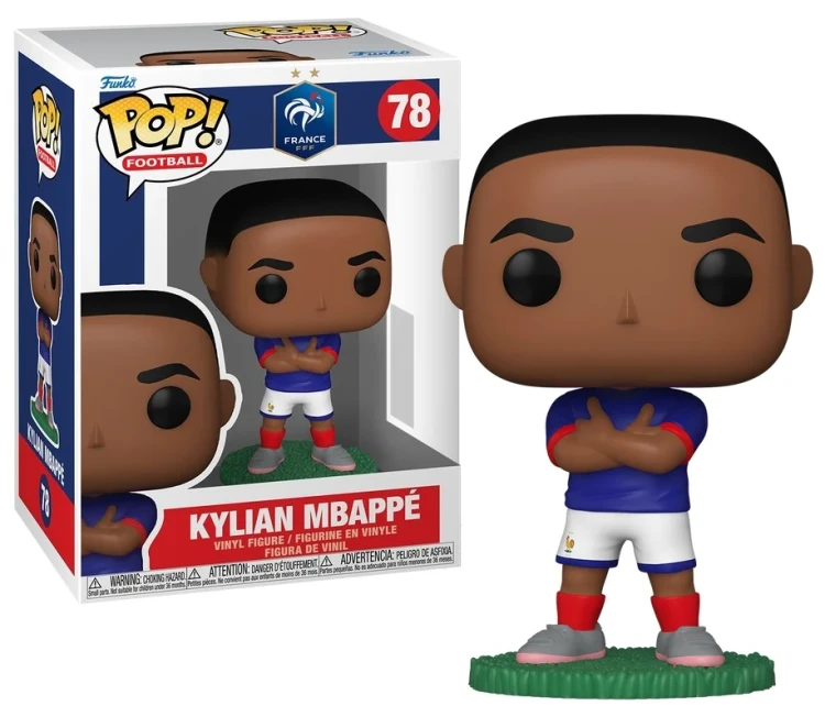 Figurka Funko POP! Kylian Mbappe w stroju reprezentacji Francji obok pudełka