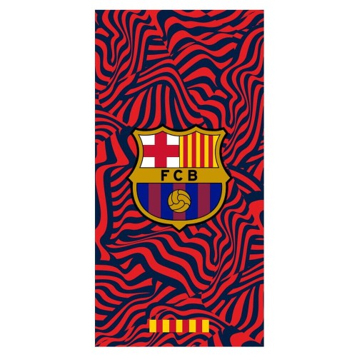 Czerwono-granatowy ręcznik plażowy z mikrofibry FC Barcelona w faliste wzory z herbem 70x140.