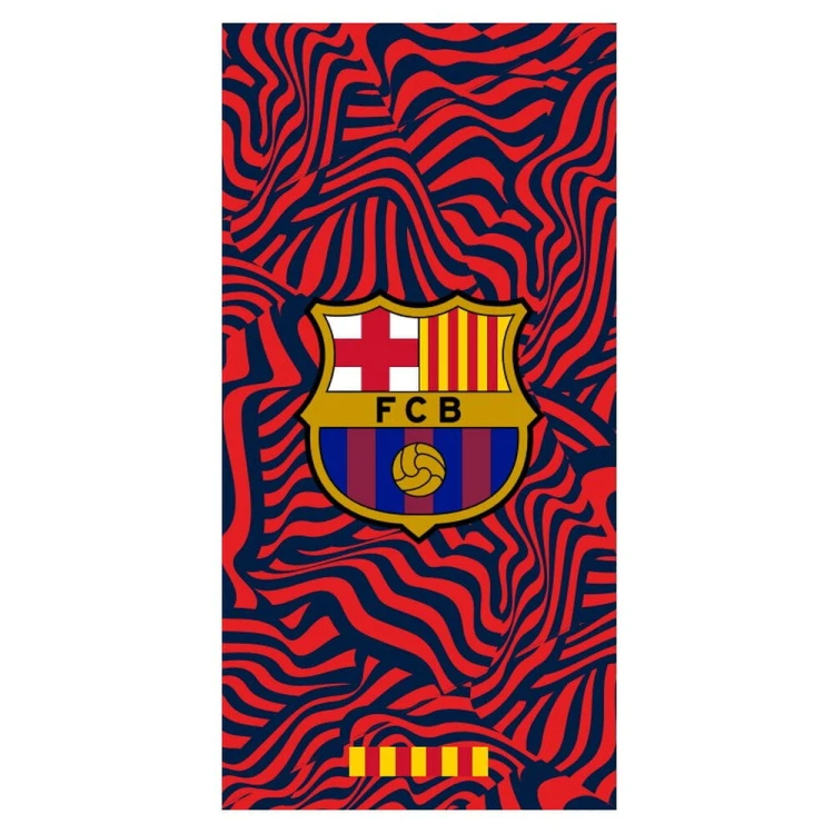 Czerwono-granatowy ręcznik plażowy z mikrofibry FC Barcelona w faliste wzory z herbem 70x140.
