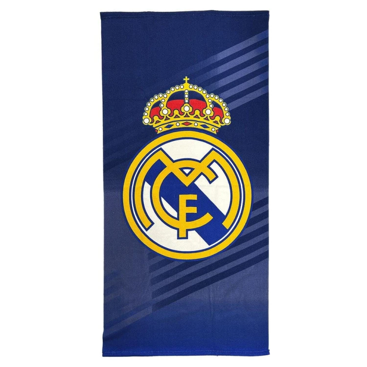 Granatowy ręcznik plażowy z mikrofibry Real Madryt z dużym herbem klubu 70x140cm.