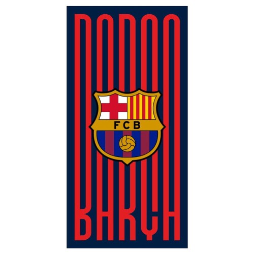 Ręcznik plażowy z mikrofibry FC Barcelona w czerwono-granatowe pasy tworzące napis Barça z herbem.