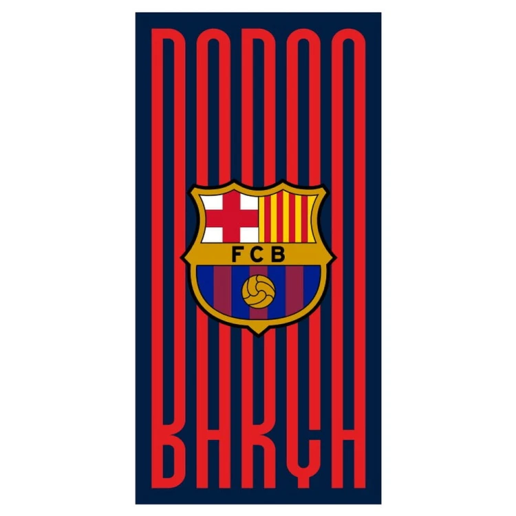 Ręcznik plażowy z mikrofibry FC Barcelona w czerwono-granatowe pasy tworzące napis Barça z herbem.