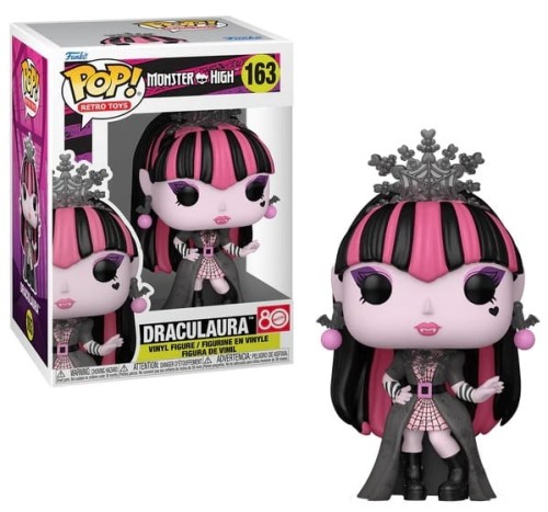 Figurka Funko POP! Movies Monster High Draculaura 163 w różowo-czarnym stroju w pudełku.